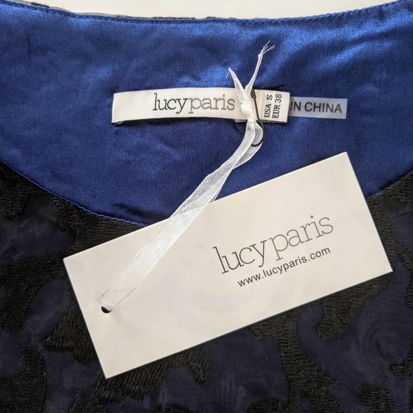 NWT LUCY PARIS Black Lace Overlay on Blue Shift Dress M - Picture 7 of 8